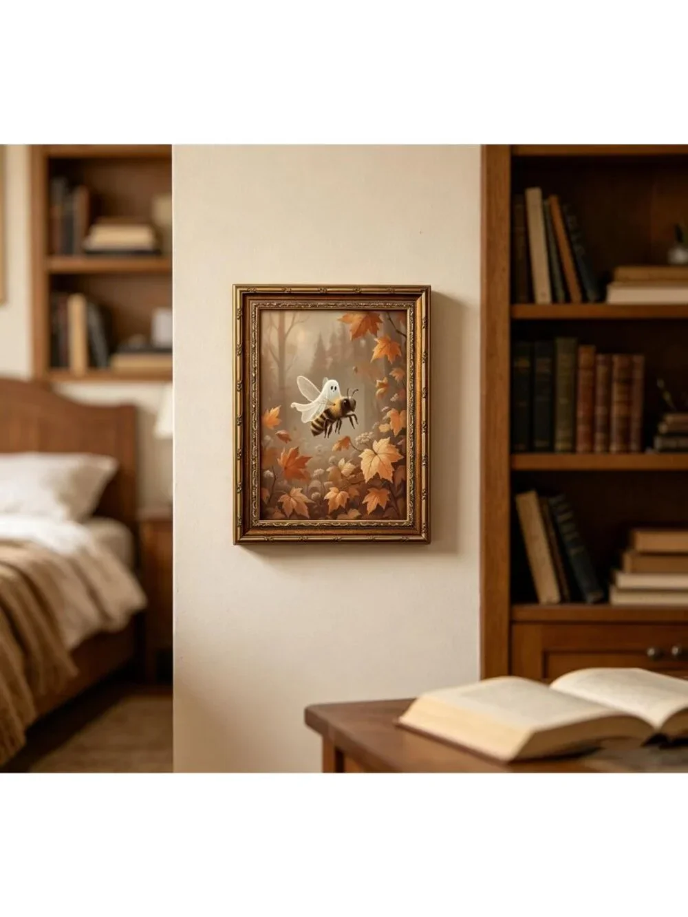 Vintage Gold Framed Ghost Bee Wall Art | Gothic Halloween Canvas Print